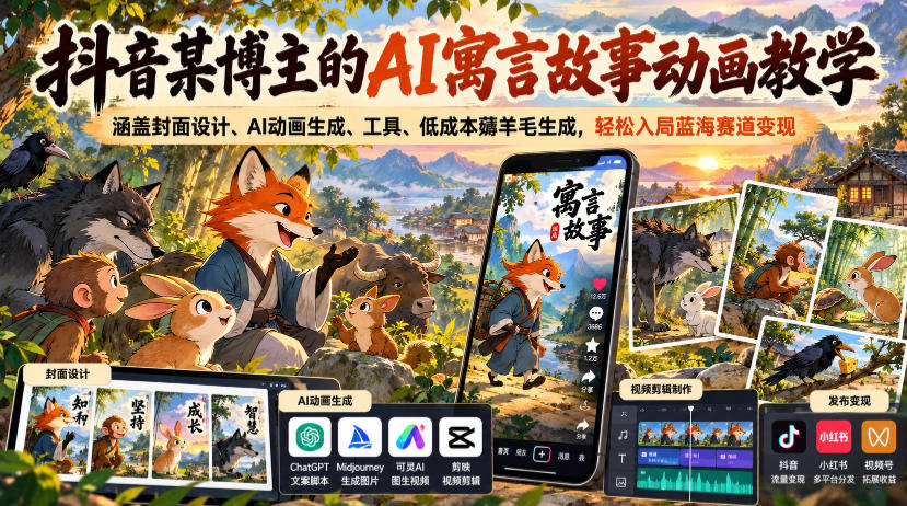 抖音某博主的AI寓言故事动画教学，涵盖封面设计、AI动画生成、工具、低成本薅羊毛生成，轻松入局蓝海赛道变现亿创资源网_优质资源分享平台_一站式资源获取亿创资源网 | 优质资源分享平台_一站式资源获取