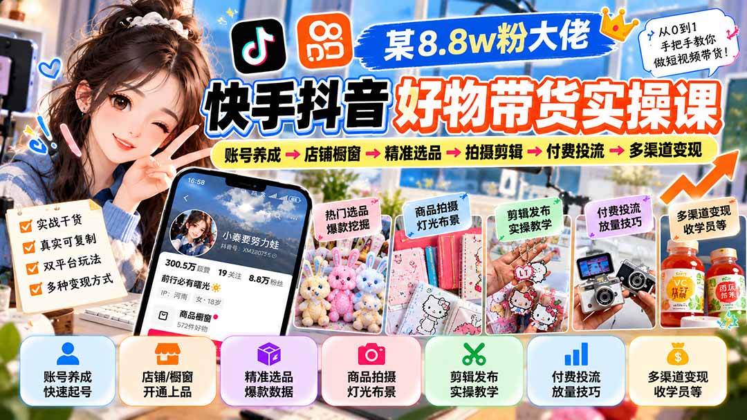 （20733期）某8.8w粉大佬快手抖音好物带货实操课：账号养成→店铺橱窗→精准选品→拍摄剪辑→付费投流→多渠道变现亿创资源网_优质资源分享平台_一站式资源获取亿创资源网 | 优质资源分享平台_一站式资源获取