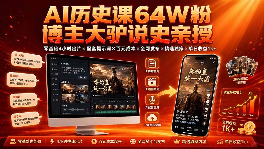 （19557期）AI历史课64W粉博主大驴说史亲授：零基础4小时出片×配套提示词×百元成本×全网发布×精选独家×单日收益1k+亿创资源网_优质资源分享平台_一站式资源获取亿创资源网 | 优质资源分享平台_一站式资源获取