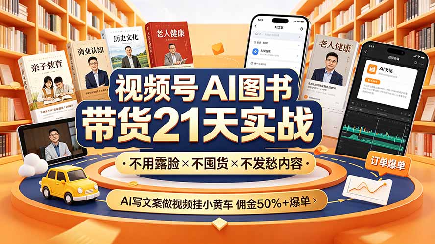 视频号AI图书带货21天实战：不用露脸×不囤货×不发愁内容，AI写文案做视频挂小黄车，佣金50%+爆单亿创资源网_优质资源分享平台_一站式资源获取亿创资源网 | 优质资源分享平台_一站式资源获取