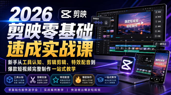 2026剪映零基础速成实战课｜新手从工具认知、剪辑剪辑、特效配音到爆款短视频完整制作一站式教学亿创资源网_优质资源分享平台_一站式资源获取亿创资源网 | 优质资源分享平台_一站式资源获取