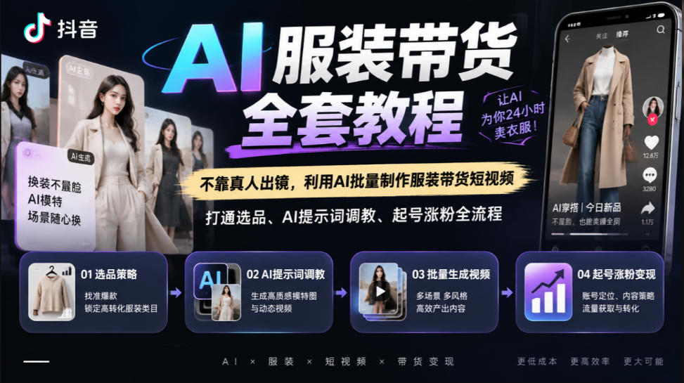抖音AI服装带货全套教程，不靠真人出镜，利用AI批量制作服装带货短视频，打通选品、AI提示词调教、起号涨粉全流程亿创资源网_优质资源分享平台_一站式资源获取亿创资源网 | 优质资源分享平台_一站式资源获取