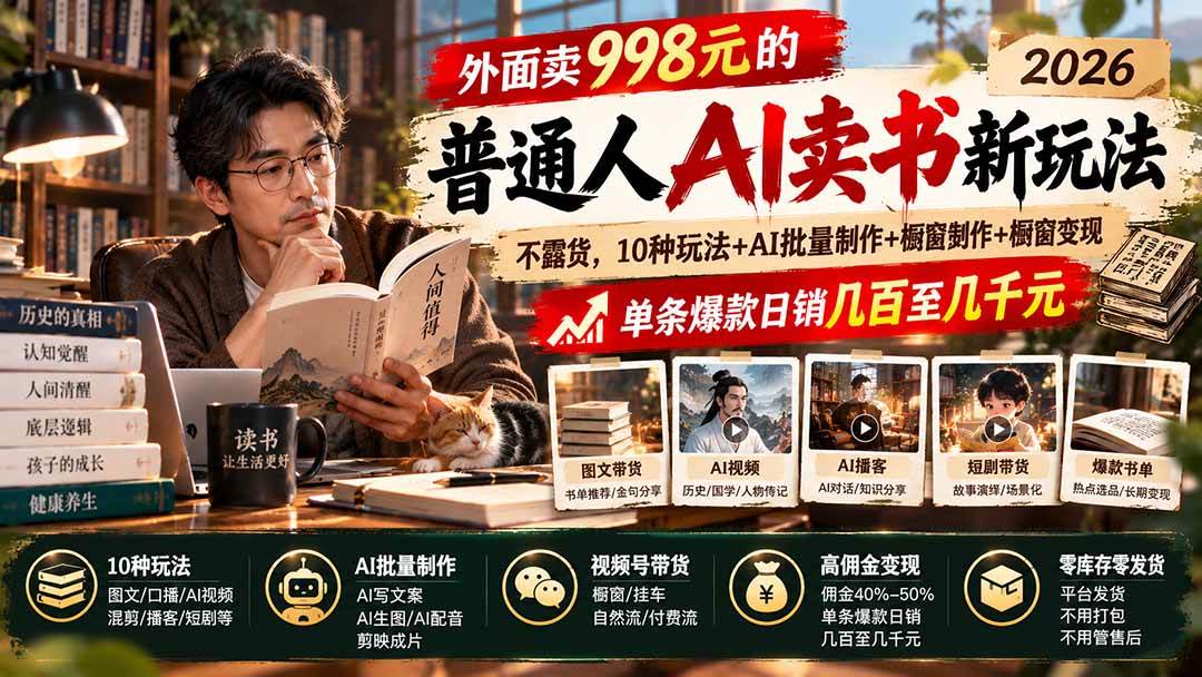 （20909期）外面卖998元的2026普通人AI卖书新玩法：不露脸、不囤货，10种玩法+AI批量制作+橱窗变现，单条爆款日销几百至几千元亿创资源网_优质资源分享平台_一站式资源获取亿创资源网 | 优质资源分享平台_一站式资源获取