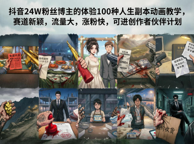 抖音24W粉丝博主的体验100种人生副本动画教学，赛道新颖，流量大，涨粉快，可进创作者伙伴计划亿创资源网_优质资源分享平台_一站式资源获取亿创资源网 | 优质资源分享平台_一站式资源获取