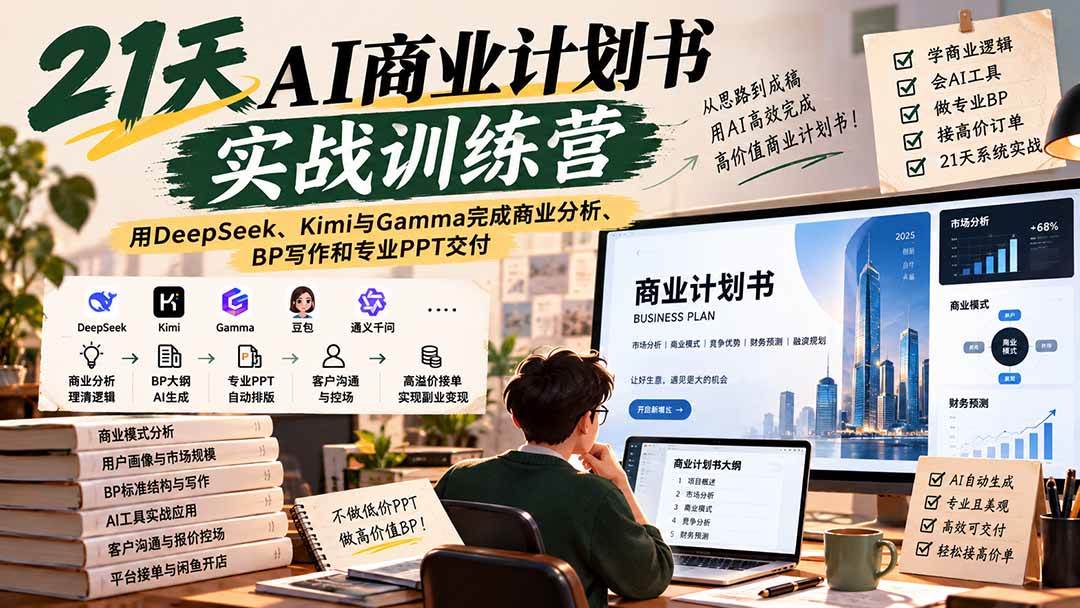 (20637期)【无水印】21天AI商业计划书实战训练营:用DeepSeek、Kimi与Gamma完成商业分析、BP写作和专业PPT交付亿创资源网_优质资源分享平台_一站式资源获取亿创资源网 | 优质资源分享平台_一站式资源获取