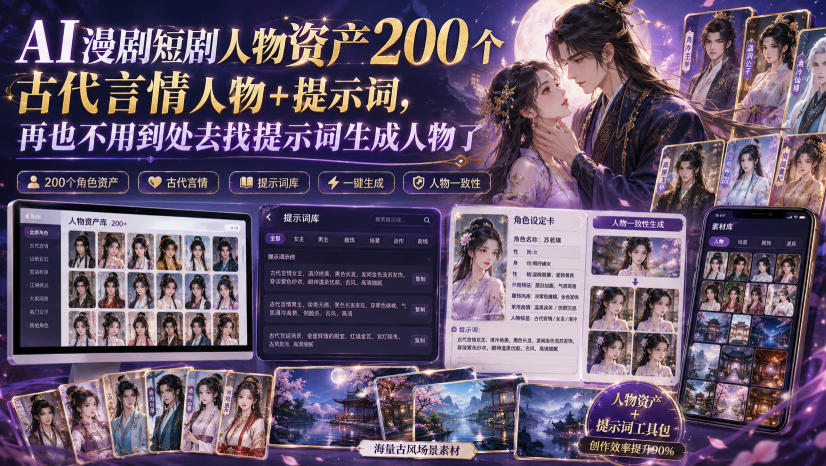 AI漫剧短剧人物资产200个古代言情人物+提示词，再也不用到处去找提示词生成人物了亿创资源网_优质资源分享平台_一站式资源获取亿创资源网 | 优质资源分享平台_一站式资源获取