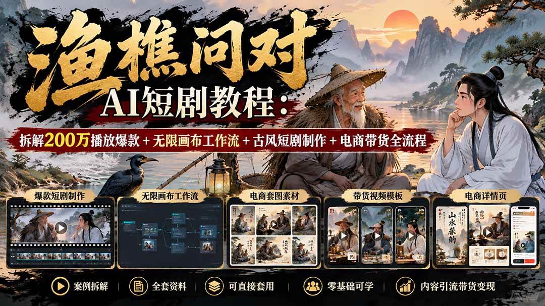(20772期)【无水印】渔樵问对AI短剧教程:拆解200万播放爆款+无限画布工作流+古风短剧制作+电商带货全流程 (20772期)【无水印】渔樵问对AI短剧教程:拆解200万播放爆款+无限画布工作流+古风短剧制作+电商带货全流程