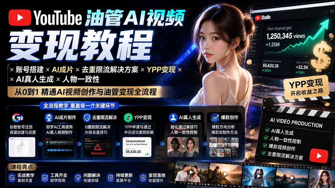 YouTube油管AI视频变现教程：账号搭建×AI成片×去重限流解决方案×YPP变现×AI真人生成×人物一致性亿创资源网_优质资源分享平台_一站式资源获取亿创资源网 | 优质资源分享平台_一站式资源获取