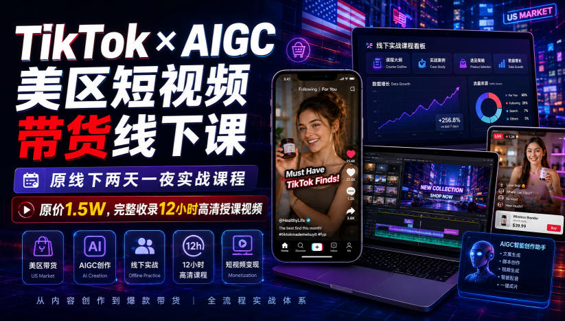 TikTok×AIGC美区短视频带货线下课，原线下两天一夜实战课程，原价1.5W，完整收录12小时高清授课视频亿创资源网_优质资源分享平台_一站式资源获取亿创资源网 | 优质资源分享平台_一站式资源获取