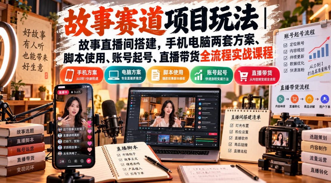 故事赛道项目玩法｜故事直播间搭建，手机电脑两套方案、脚本使用、账号起号、直播带货全流程实战课程亿创资源网_优质资源分享平台_一站式资源获取亿创资源网 | 优质资源分享平台_一站式资源获取