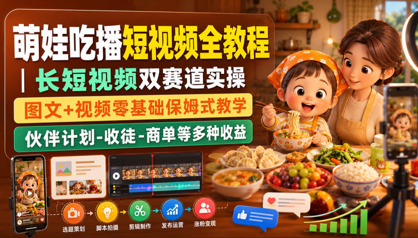 萌娃吃播短视频全教程｜长短视频双赛道实操，图文+视频零基础保姆式教学，伙伴计划-收徒-商单等多种变现方式亿创资源网_优质资源分享平台_一站式资源获取亿创资源网 | 优质资源分享平台_一站式资源获取