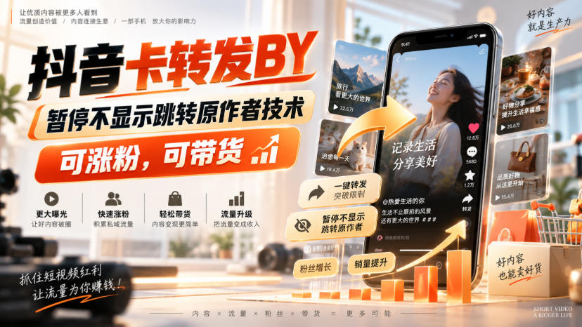抖音卡转发搬运，暂停不显示跳转原作者技术，可涨粉，可带货亿创资源网_优质资源分享平台_一站式资源获取亿创资源网 | 优质资源分享平台_一站式资源获取