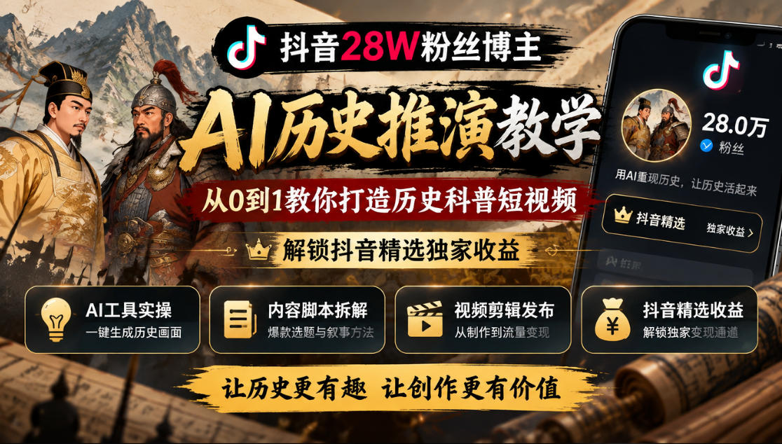抖音28W粉丝博主的AI历史推演教学,从0到1教你打造历史科普短视频,解锁抖音精选独家收益亿创资源网_优质资源分享平台_一站式资源获取亿创资源网 | 优质资源分享平台_一站式资源获取