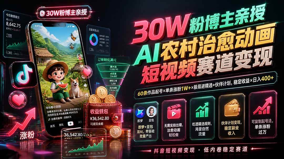 （19648期）30W粉博主亲授AI农村治愈动画短视频赛道变现：60条作品起号×单条涨粉1W+×极易进精选+伙伴计划，稳定收益×日入400+亿创资源网_优质资源分享平台_一站式资源获取亿创资源网 | 优质资源分享平台_一站式资源获取