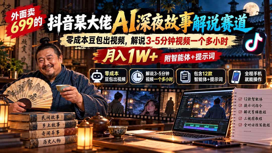 （20648期）外面卖699的抖音某大佬AI深夜故事解说赛道：零成本豆包出视频，解说3-5分钟视频一个多小时，月入1W+附智能体+提示词亿创资源网_优质资源分享平台_一站式资源获取亿创资源网 | 优质资源分享平台_一站式资源获取
