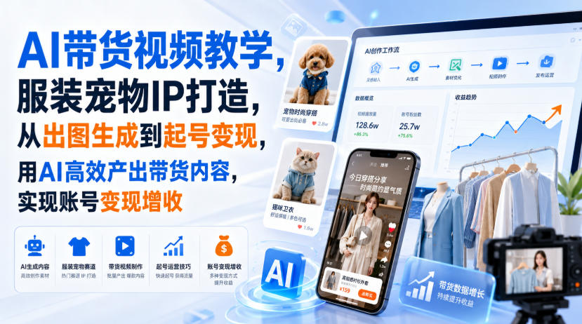AI带货视频教学,服装宠物IP打造,从出图生成到起号变现,用AI高效产出带货内容,实现账号变现增收亿创资源网_优质资源分享平台_一站式资源获取亿创资源网 | 优质资源分享平台_一站式资源获取