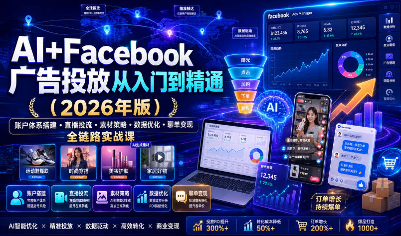 AI+Facebook广告投放从入门到精通（2026年版）｜账户体系搭建・直播投流・素材策略・数据优化・聊单变现全链路实战课亿创资源网_优质资源分享平台_一站式资源获取亿创资源网 | 优质资源分享平台_一站式资源获取