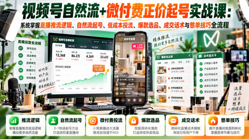 视频号自然流+微付费正价起号实战课：系统掌握直播推流逻辑、自然流起号、低成本投流、爆款选品、成交话术与憋单技巧全流程亿创资源网_优质资源分享平台_一站式资源获取亿创资源网 | 优质资源分享平台_一站式资源获取
